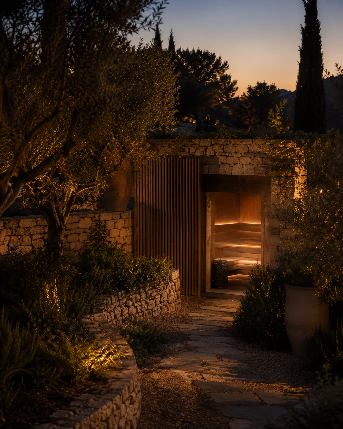 Spa boutique con sauna, jardín mediterráneo y luz cálida.