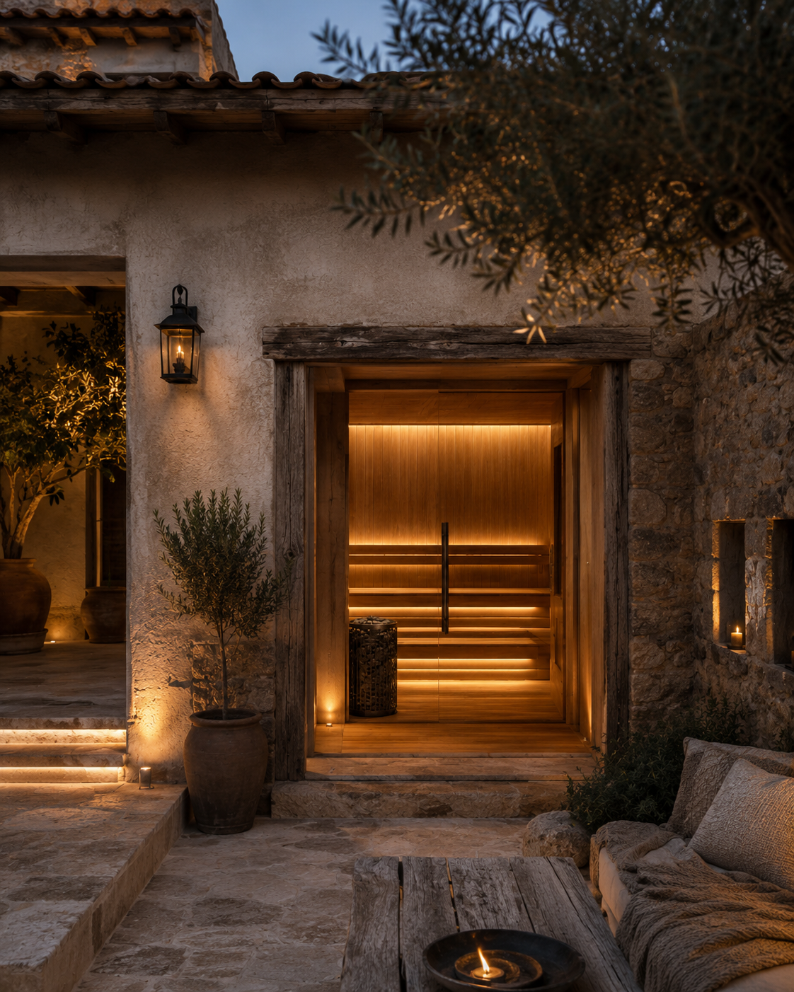 Sauna privada integrada en piedra y vegetación de Ibiza.