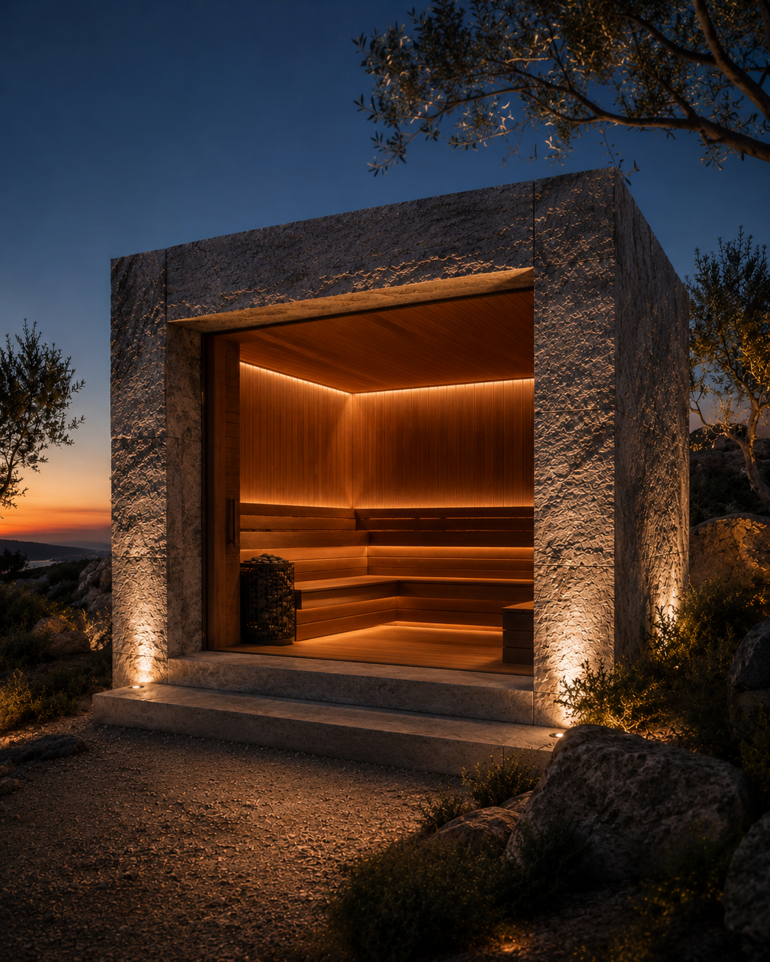 Sauna frente al mar con piedra y madera iluminada al atardecer.