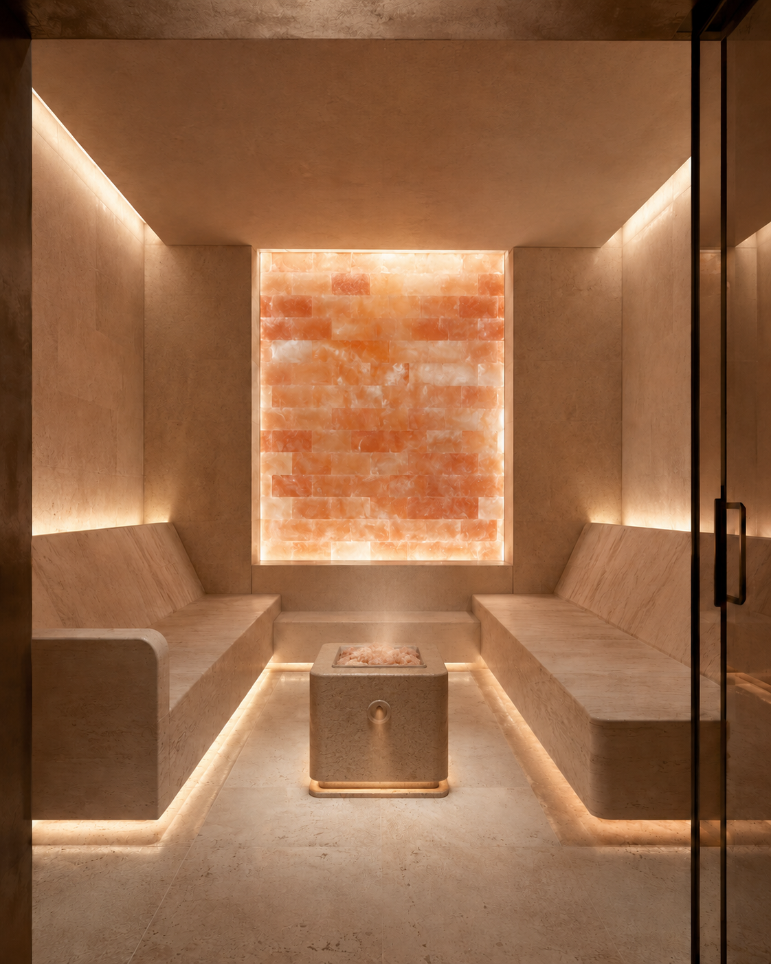 Espacio wellness de piedra con iluminación cálida en Ibiza.
