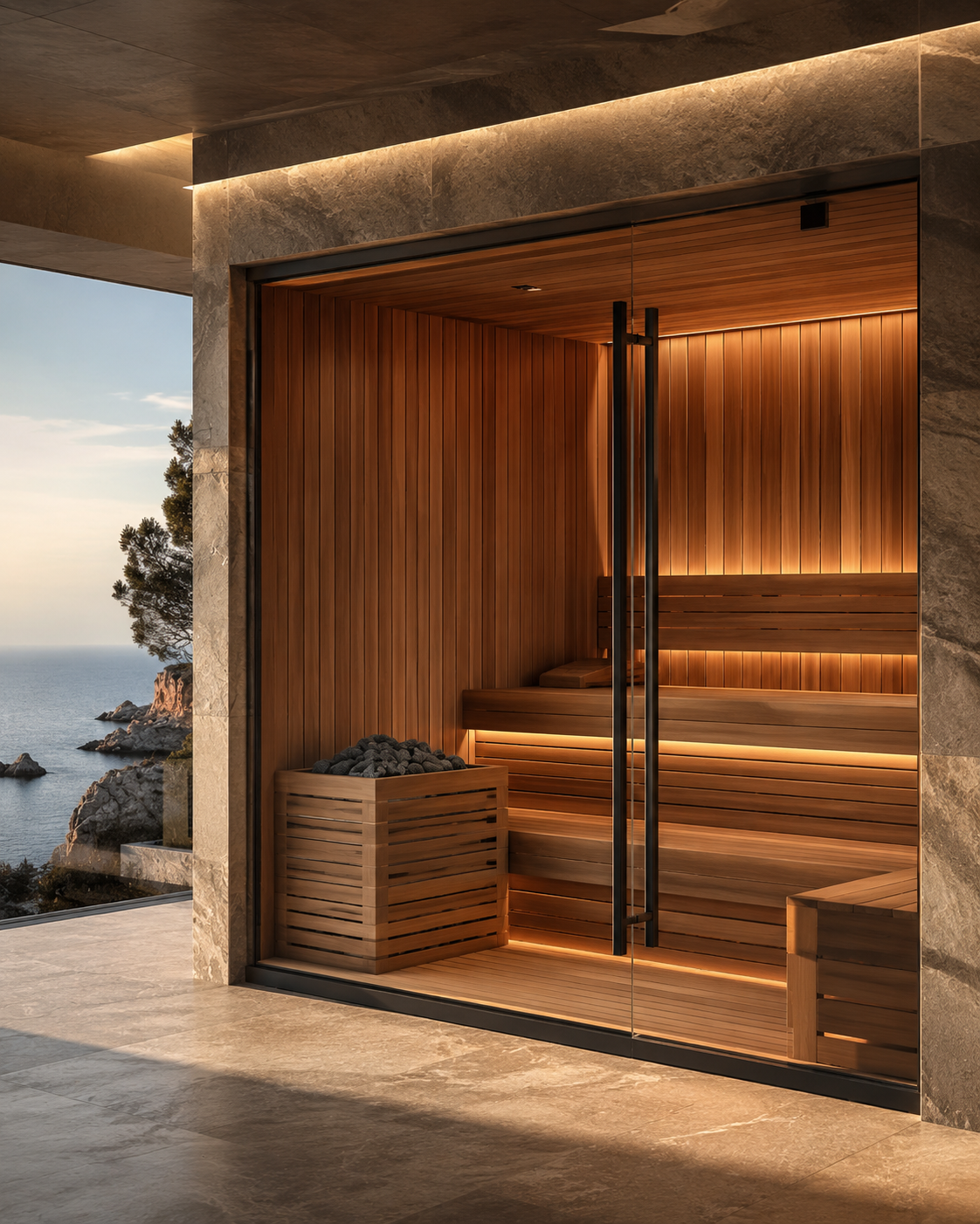 Sauna premium a medida integrada en proyecto wellness