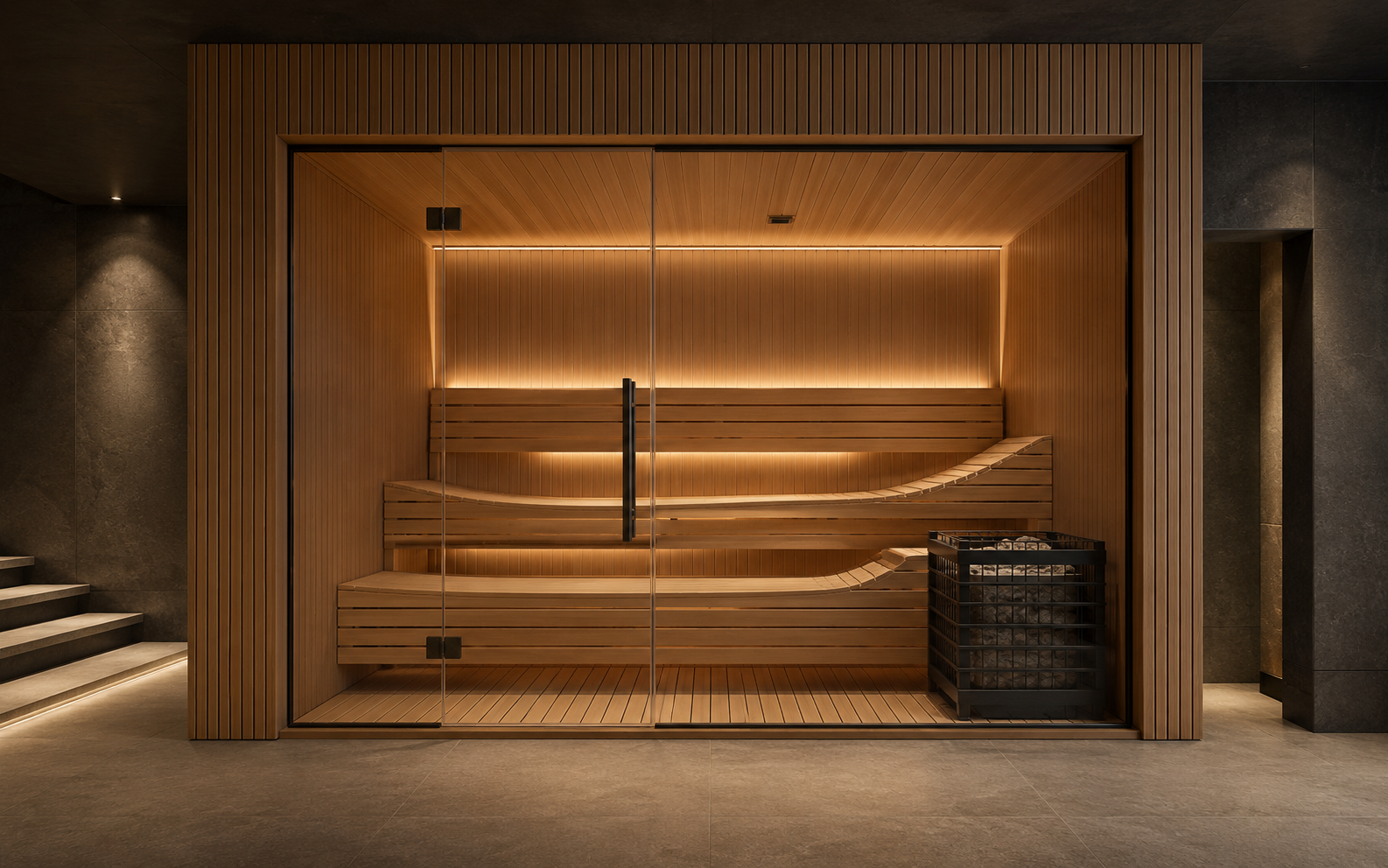 Sauna premium a medida con detalles técnicos