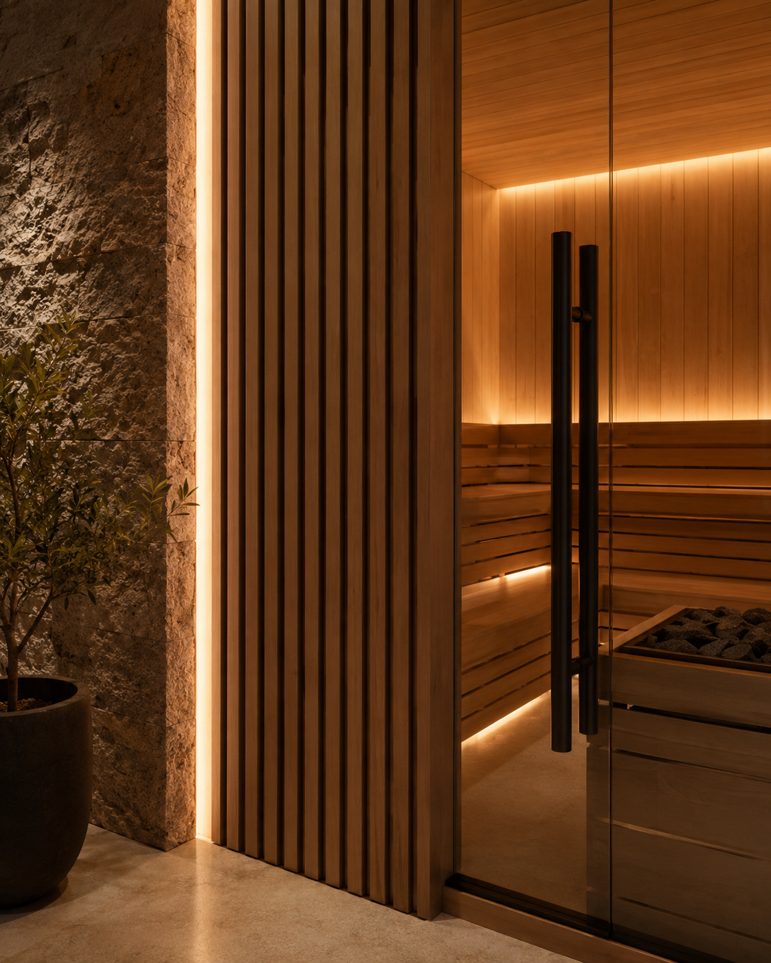 Detalle de madera, piedra de Ibiza y vapor en una sauna premium.