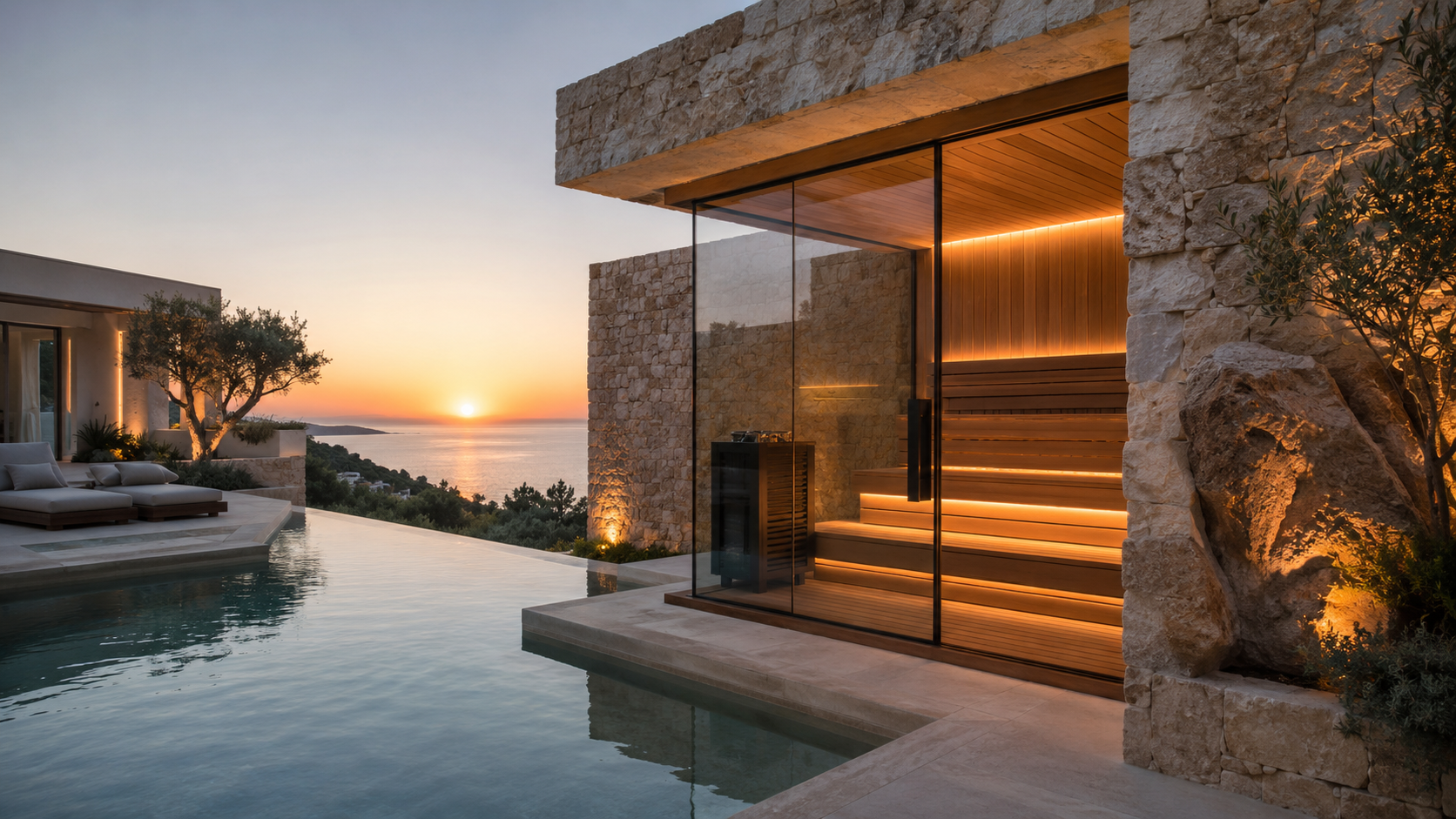 Sauna acristalada integrada en piedra de Ibiza junto a una piscina y el mar.