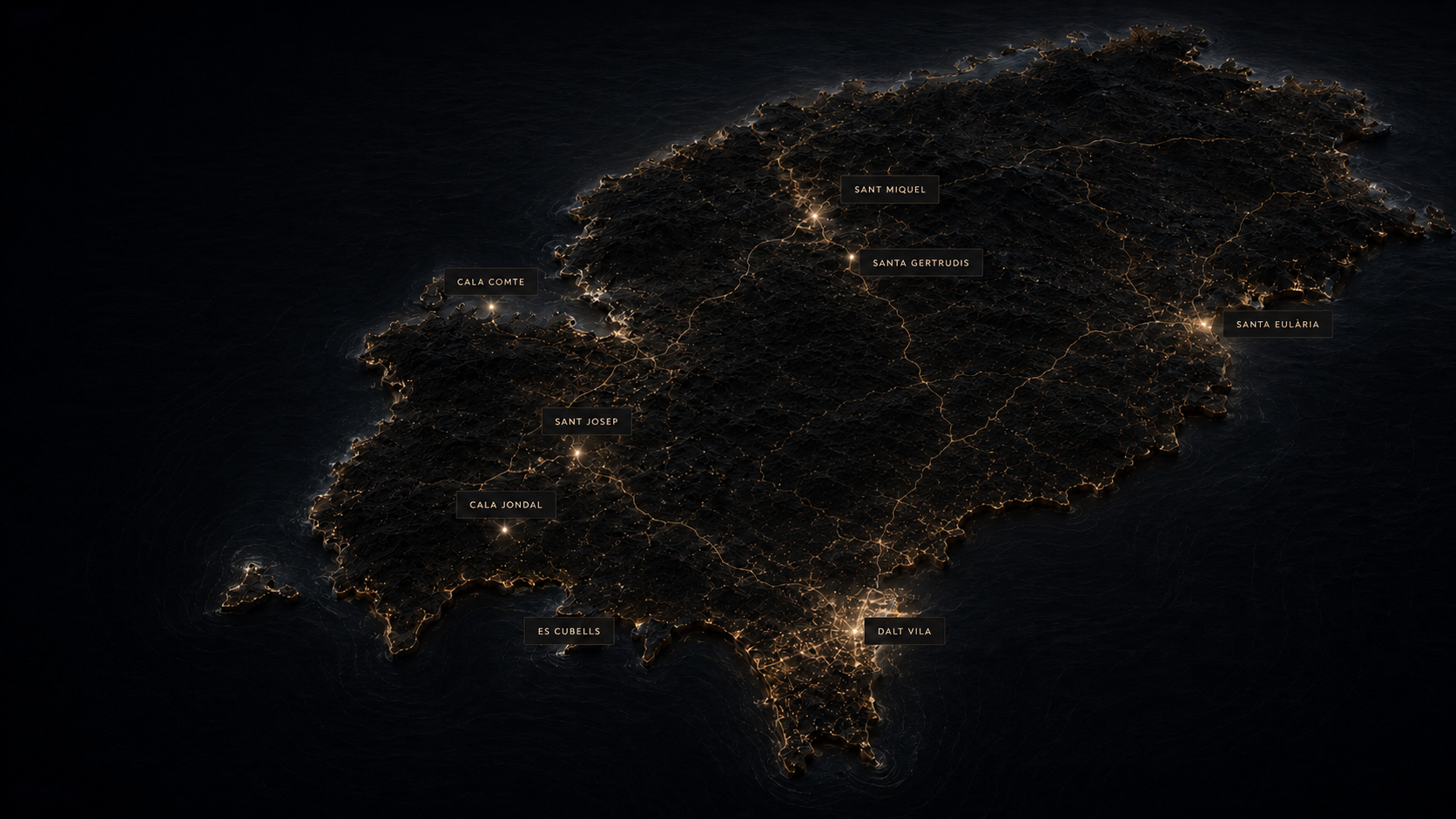 Mapa oscuro de Ibiza con intervenciones Aurum señaladas.