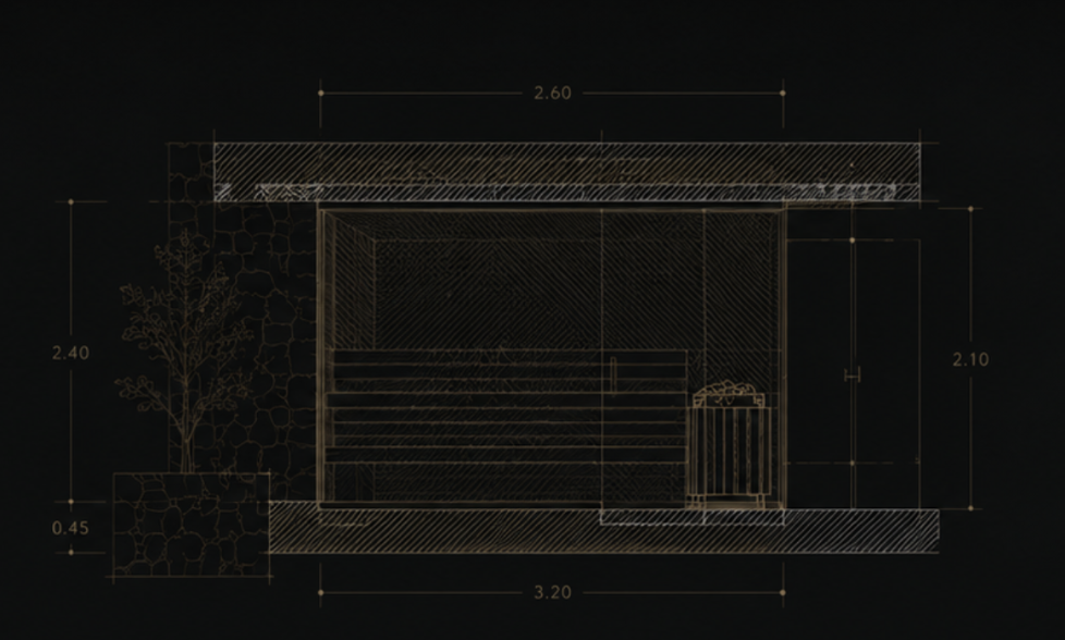 Plano técnico de sauna con medidas y detalles constructivos.